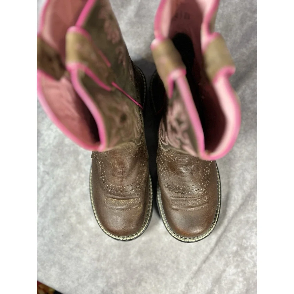 Ariat Girls Western Cowboy Boots Brown Pink Hearts Leather Size 8.5 B
